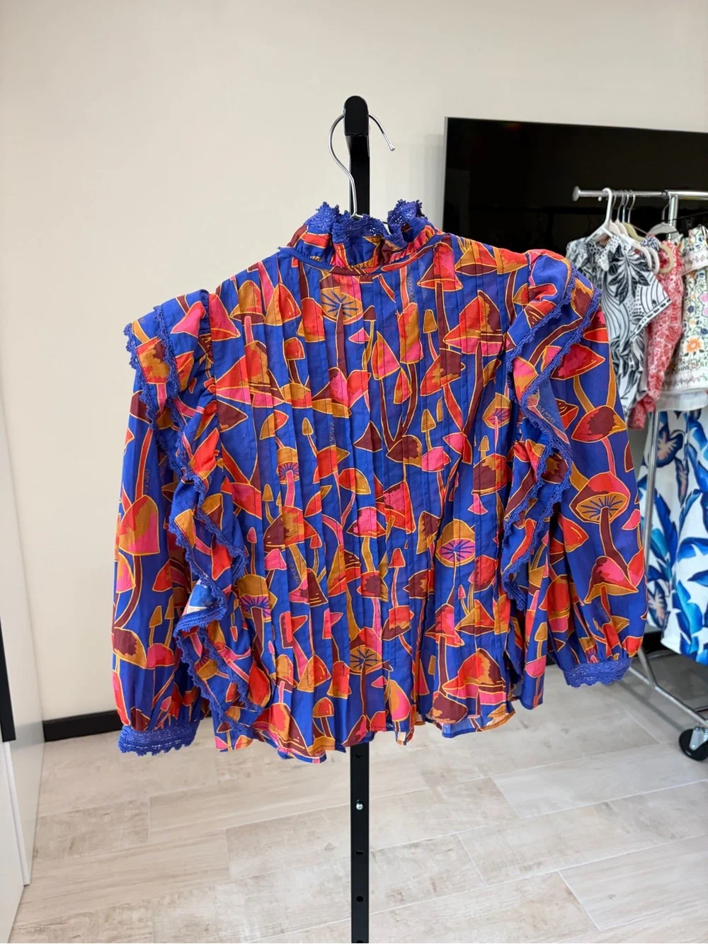 Farm Rio: MUSHROOM SKETCH BRIGHT BLUE BLOUSE